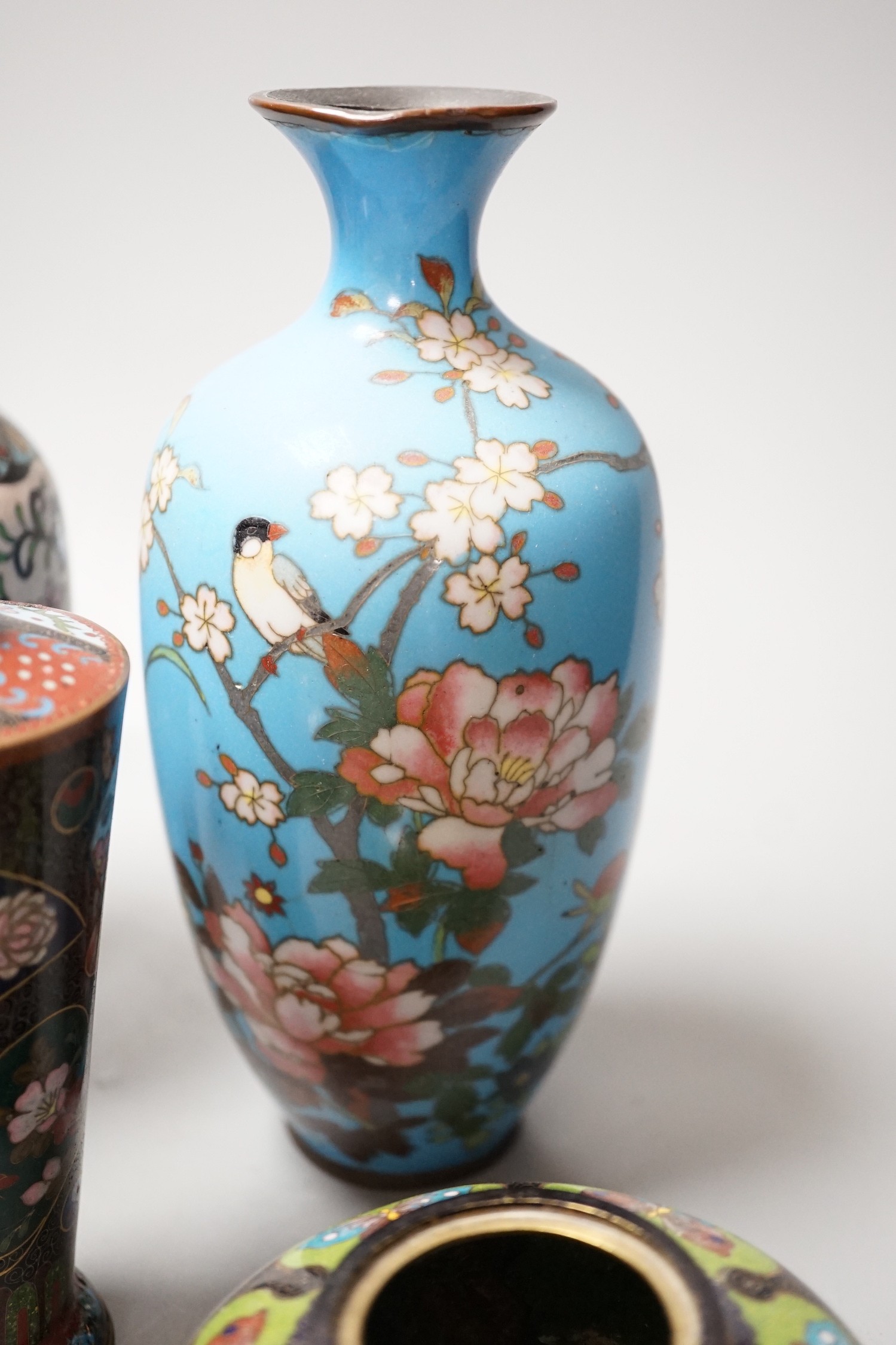 An assortment Japanese cloisonné enamel and metal wares, largest vase 18.5cm high